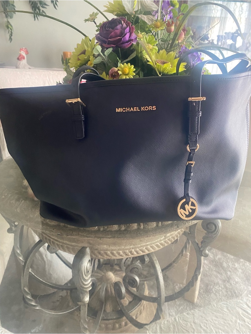 Michael Kors Black Leather Tote with Gold Hardware